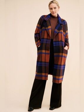 Avec Les Filles Relaxed-Fit Plaid Top Coat in Brown, Blue & Black Large